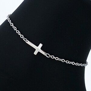 Cross Bracelet Anklet Adjustable Cable Chain 7.5"-10" Silver Religious 1028-322
